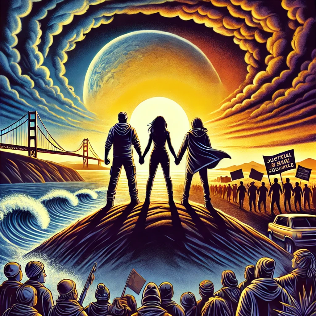 A powerful symbolic illustration of unity and resistance. Three figures representing California, Oregon, and Washington stand together on a high ridge, overlooking a stormy landscape symbolizing political and economic turmoil. They hold hands in solidarity, with the Pacific Ocean and a setting sun behind them, symbolizing resilience and hope. In the distance, silhouettes of people marching together with banners advocating for justice and fair policies.