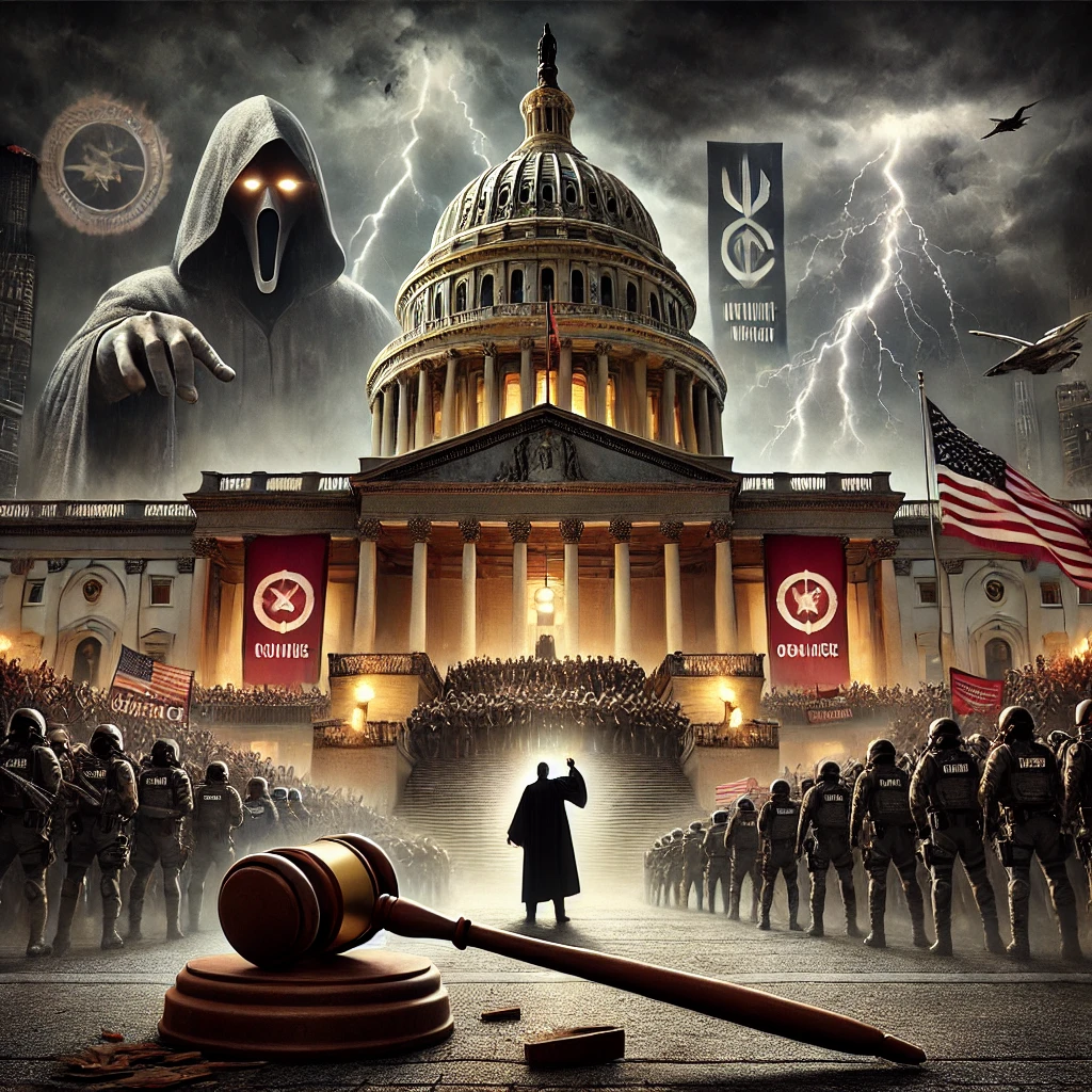 A dramatic digital painting portrays a dystopian vision of the United States government. The Capitol building looms in the background under a sky filled with dark storm clouds, its facade adorned with ominous authoritarian banners. In the foreground, a large wooden gavel lies broken on the steps, symbolizing the destruction of judicial independence. Protesters wave signs and clash with heavily armed riot police, who are advancing with shields and batons. Towering above them, a shadowy figure resembling a president stands at a podium under a harsh spotlight, delivering a speech with an imposing posture. The atmosphere is tense and foreboding, evoking fear, resistance, and the erosion of democracy.