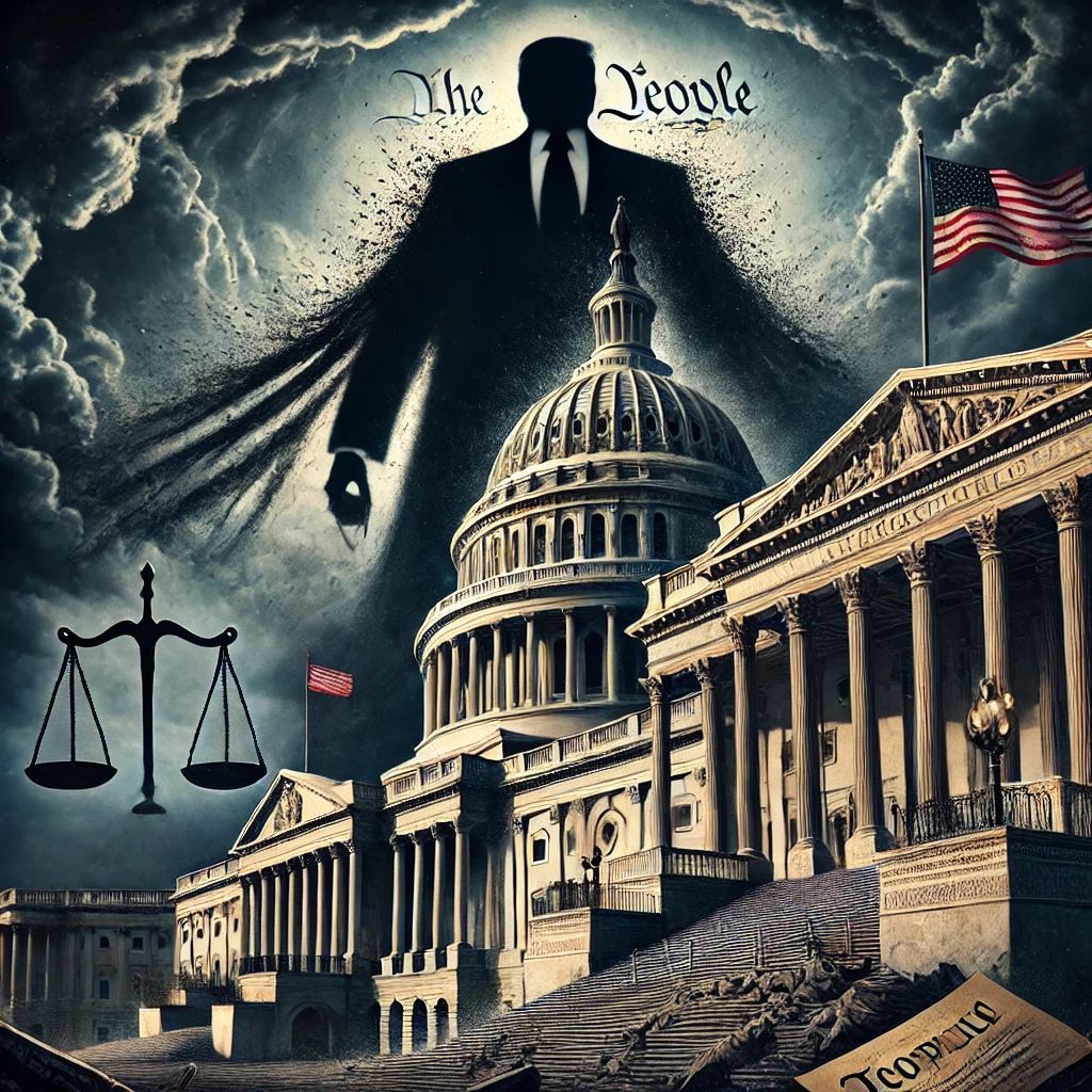 A dystopian depiction of the U.S. Capitol building under dark storm clouds. The building appears cracked and crumbling, symbolizing the collapse of democracy. A towering shadow looms ominously over the Capitol, representing unchecked executive power. On the steps, the broken scales of justice lie shattered, while torn fragments of the U.S. Constitution are blown away by the wind. The American flag, tattered and frayed, barely clings to its pole. The overall scene is eerie and foreboding, reflecting the rise of authoritarian rule and the erosion of governmental checks and balances.